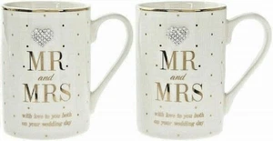 Wedding Mugs MR & MRS 'with love to you both on your Wedding Day' Gift Set Gold - Picture 1 of 5