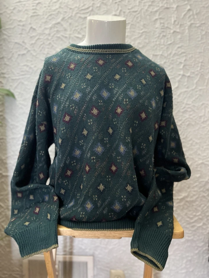Vintage Trader Bay Grandpa Sweater L Green Geometric Knit 90s Retro Cozy - Image 1 of 4