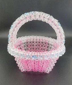 Vintage BEADED BASKET HANDMADE Clear Pink Blue Plastic BEADS. Sturdy Adorable!  - Picture 1 of 10
