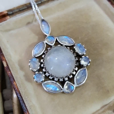 925 Sterling Silver Necklace, Large Natural Moonstone Pendant, Qvc Designer  - Image 1 of 4