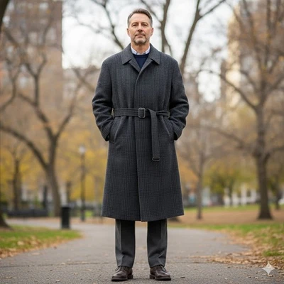 VTG Mani By Giorgio Armani Men's Long Wool Plaid Belted Coat 44R Made In Italy - Image 1 of 4