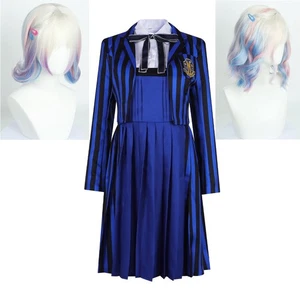 Wednesday S2 Newly Sinclair Enid Cosplay Costume Blue Striped Uniform Wig - Picture 1 of 16