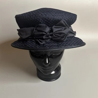 Vtg 60s IMAGA Navy Mod Hat - Small Woven Texture Satin Band Israel Bucket Cloche - Image 1 of 4