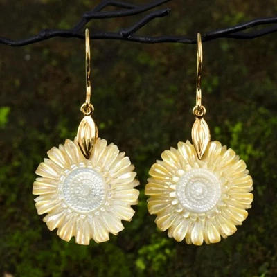 Hand-carved Mother-of-Pearl Flower Earrings Vermeil Gold Sterling Silver 5.18g - Image 1 of 4