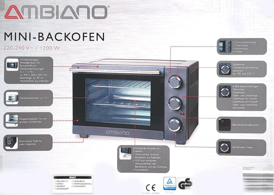 AMBIANO 1200W Mini-Backofen - Schwarz