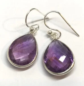 amethyst pear drop earrings solid Sterling Silver chequerboard faceted. Gift box - Picture 1 of 20