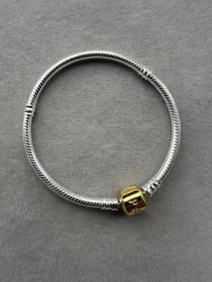 Pandora S925 Classic Square Bead Gold Buckle Snake Chain Charm Bracelet 17cm - Image 1 of 2