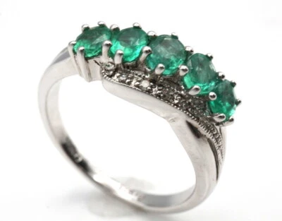 GJ69 * DESIGN 5x SMARAGD oval & DIAMANTEN 0,02ct EDELSTEIN RING (17) 925er SILBE - Bild 1 von 4