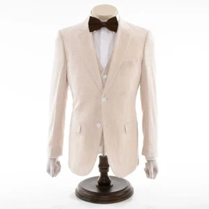 Men Seersucker Suit Beige Groom Tuxedo Prom Party Wedding Casual Beach 3 Piece - Picture 1 of 13