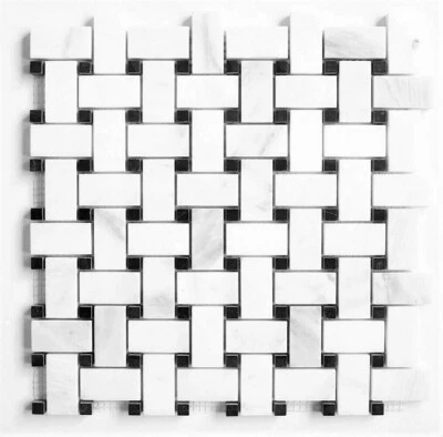 Carrara 1.2x2 Honed w/ Black Marble Dots Basketweave Mosaic Tile (BOX OF 10) - Image 1 of 3