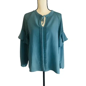 Blusa Halston para mujer talla mediana verde mangas largas ribete de encaje - Imagen 1 de 5
