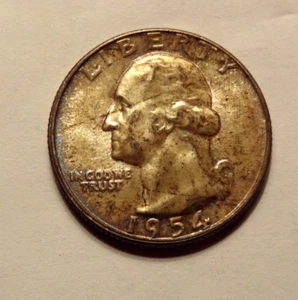 1954 WASHINGTON QUARTER, ORIGINAL GEM BU, NICE TONING, ESPECIALLY THE REVERSE - Picture 1 of 2