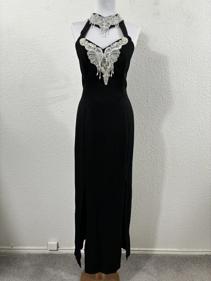 Vintage Formal Dress Womens Large Black Halter Beaded Choker Evening Gown Y2K - Image 1 of 4