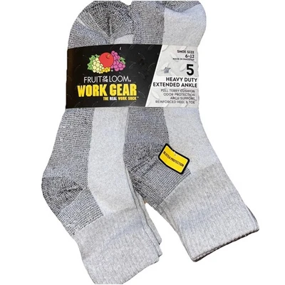 Meias de tornozelo Fruit of the Loom Work Gear resistente 5 pares cinza tamanho 6-12 odor prot - Imagem 1 de 4