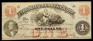 1862 $1 VIRGINIA TREASURY NOTE OBSOLETE BANK VA CIVIL WAR ERA APPEARS UNC ! - Picture 1 of 3