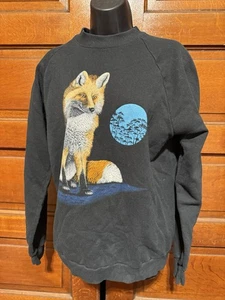 Vtg 1987 Jerzees Sweatshirt XL Fox & Moon LSJ Black Crew Neck Pullover Black - Picture 1 of 8