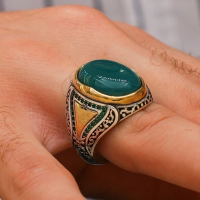 925 Sterling Silver Oval Green Agate Stone Turkish Style Hanmade Men's Ring - Image 1 of 4