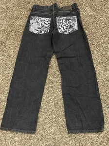 Vintage Y2K Ecko Unltd Embroidered Jeans Baggy Black Denim Size 34x30 - Picture 1 of 8