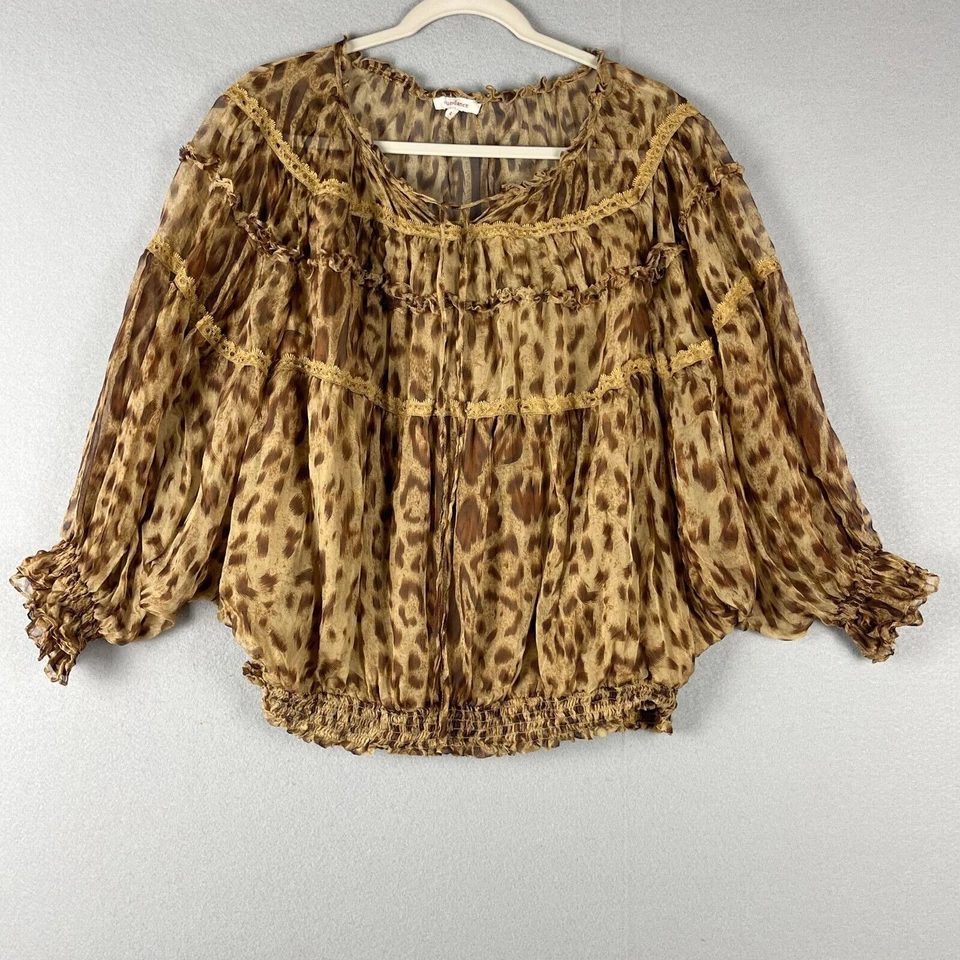 Sundance Leopard Silk Top Womens Large Tan Dolman Sleeve Smocked Sheer Lace Boho - Image 1 of 4