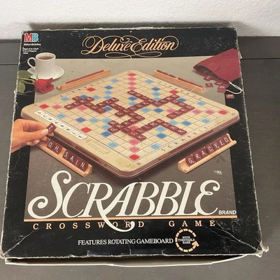 VTG Scrabble Deluxe Edition Rotating Turntable Wood Tiles 1989 MB Incomplete - Image 1 of 4