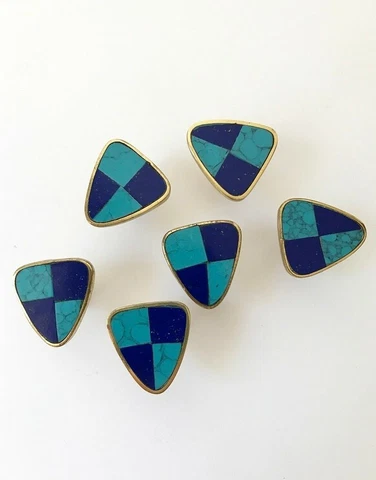 Rare Set of 6 Vintage Modern Los Castillo Brass Lapis Turquoise Knob Hardware Cover