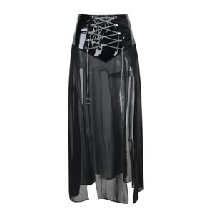Damen Schlitz Rock Transparent Mesh PU Leder Sexy Schnürung Gothic Punk Club - Bild 1 von 11