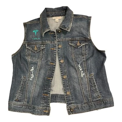 Chaleco vaquero para mujer Style & Co desgastado con logotipo de Tesla, talla grande L Foto 1 de 4