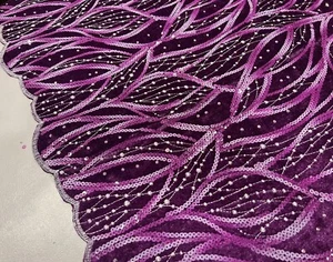 Purple Velvet Silver Embroidered SEQUINS Lace fabric 50” Width 1 Yard - Picture 1 of 3