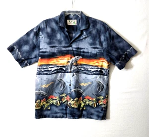 Ky’s Hawaiian Shirt Mens Large Blue Dolphins Sea Turtles Sunset AOP Vintage 70s - Picture 1 of 7