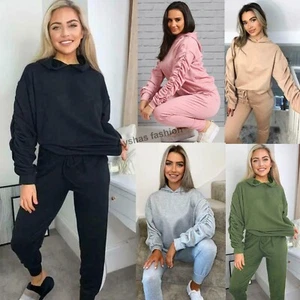 Women's Ladies Ruched Sleeve Hoodie top and Bottom Suit Lounge Set Tracksuit UK - Picture 1 of 9