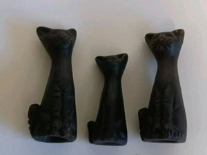 Vtg Black Clay Long Neck Tall Cat Lot Of 3 Shelf Sitter Figurines 3.25  To 2.5In - Picture 1 of 6