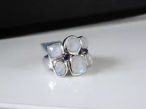 New Sterling Silver 925 Rainbow Moonstone Amethyst Bold Ring Size 7.5 - Picture 1 of 15