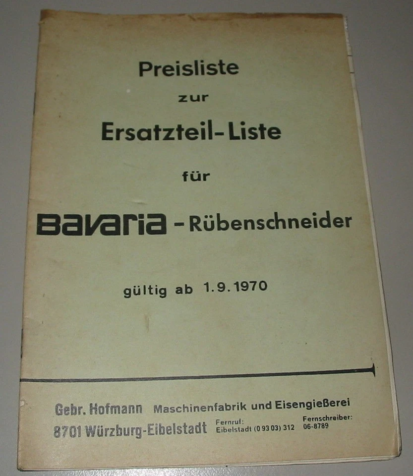 Preisliste zur Ersatzteilliste für Bavaria Rübenschneider gültig ab 1.9.1970! - Bild 1 von 1
