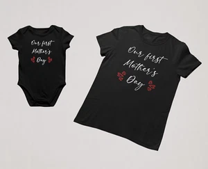 Mommy and Me Matching Set Our First Mothers Day Women's Shirt Baby Bodysuit Gift - Picture 1 of 6