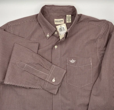 Dockers Men’s Burgundy White Gingham Long Sleeve Button Shirt Size M NWT - Image 1 of 4