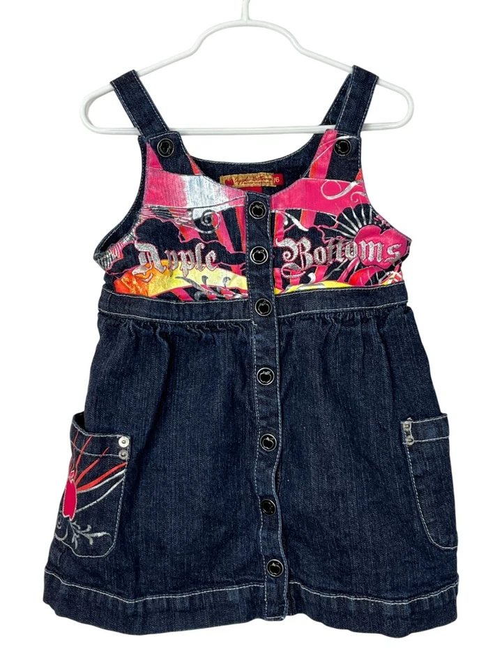 Apple Bottoms Denim Jumper Dress Girls 5 6 Blue Pink Graphic Pockets Casual - Image 1 of 4