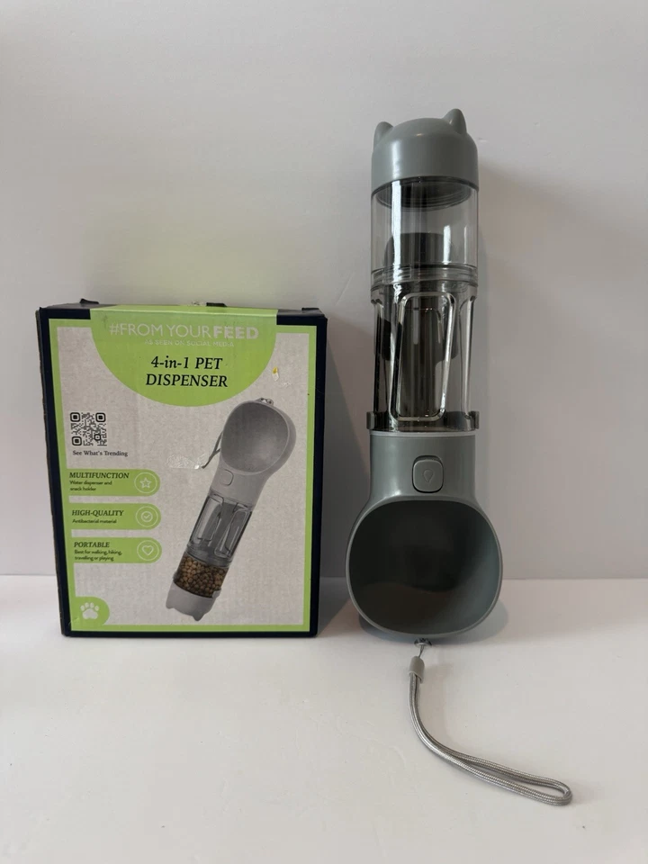 Dispensador portátil de agua y alimentos o bocadillos para mascotas 4 en 1 10 oz gris excelente 4 viajes  Foto 1 de 4
