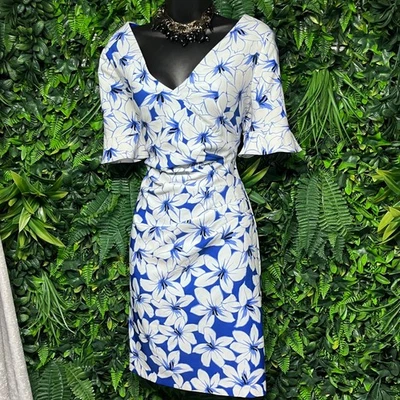 Adrianna Papell Dress Size 10 Floral V Neck Flutter Sleeve Sheath Cocktail 3328 - Image 1 of 4