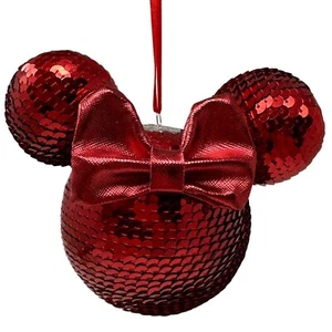 Disney Mickey Ears Icon Ornament Minnie Mouse Red Sequined Metallic Bow - Picture 1 of 9