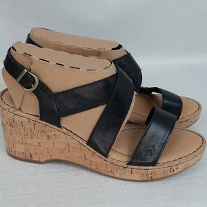 BORN Black Lanai Leather Crossover Strap Sz 11 Cork Wedge Sandals Comfort - Picture 1 of 11