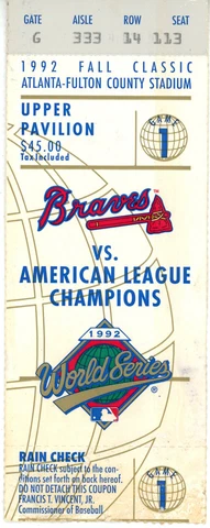 1992 World Series Game 1 Ticket Toronto Blue Jays vs Atlanta Braves 37594 Cover