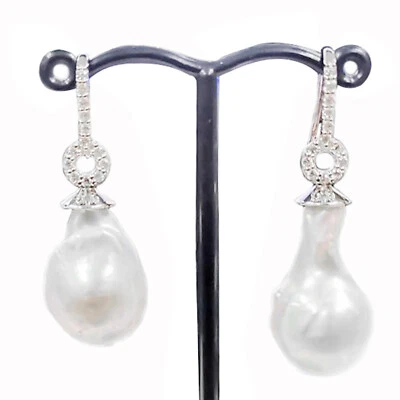 Meher's Jewelry Baroque Pearl & White Zircon Gemstone Sterling Silver Earring - Image 1 of 2