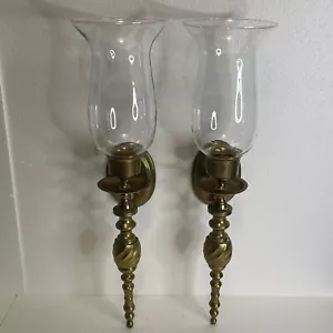Vintage Solid Brass Wall Sconce CANDLE HOLDER W HURRICANE GLASS SHADES Set 0f 2 - Picture 1 of 9