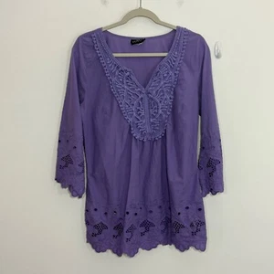 Venus Womens Top Large Purple Crochet Boho Cottagecore Peasant Bell Sleeve Tunic - Picture 1 of 14