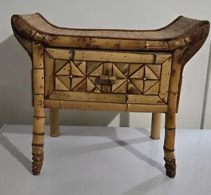 VINTAGE Burnt Bamboo Rattan Table Plant Stand Stool w/ Drawer French Style MCM - Picture 1 of 23
