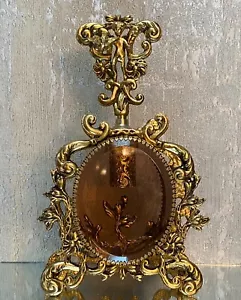 Victorian Gold Ormolu Scroll Beveled Rose Glass Perfume Bottle Cherub with Dove - Picture 1 of 8