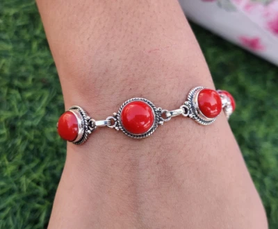 Coral Gemstone Bracelet Solid 925 Sterling Silver Women Bracelet MO* - Image 1 of 4