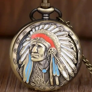 Native American Pocket Watch Gold Indian Chief Turquoise Christmas Birthday Gift - Picture 1 of 6