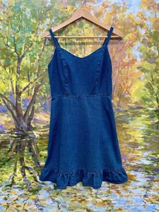 Old Navy Blue Denim Dress Small Fit and Flare Cami Ruffle Hem Jean Boho Dress S - Picture 1 of 16