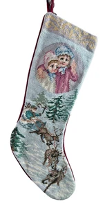 Vintage Style Needlepoint Stocking With Victorian Scene of Children And Santa - Picture 1 of 7
